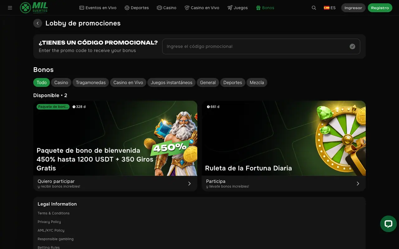 Revisa los términos del bono de bienvenida